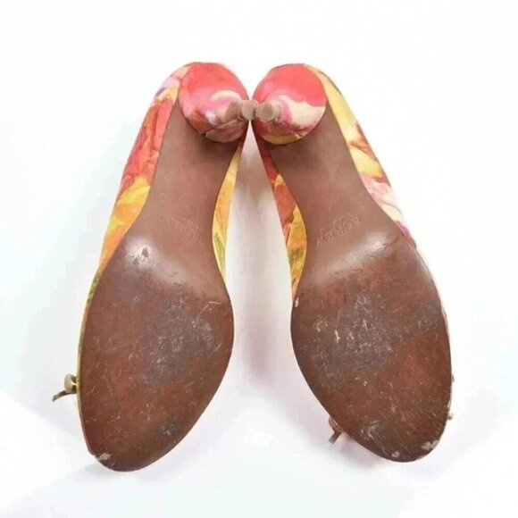 J. Crew Raffia Rose Printed Peep Toe Heels Golden Beach Size 7 - Picture 9 of 11